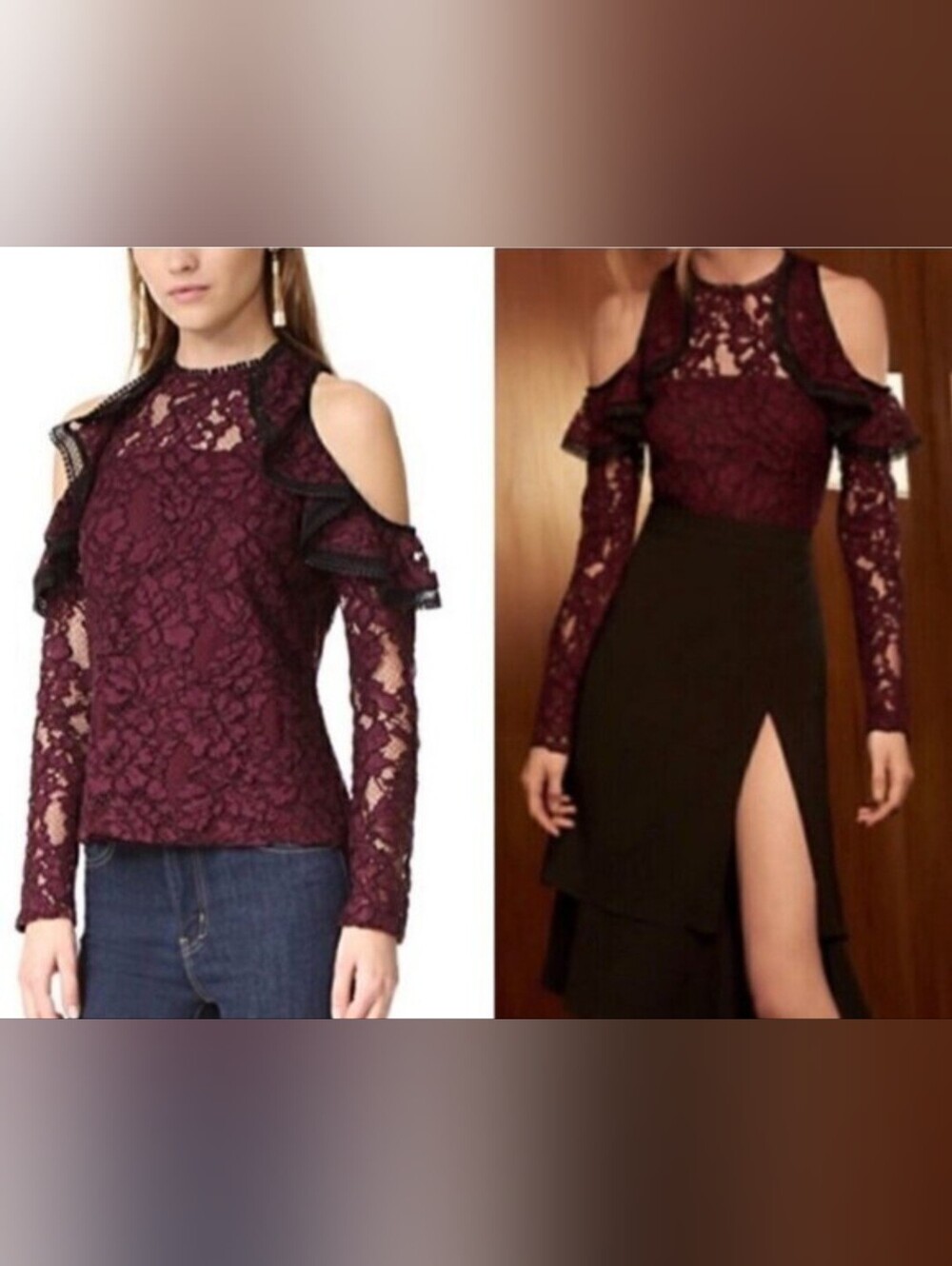 Alexis Burgundy Lace Cold-Shoulder Top with Black Trim
